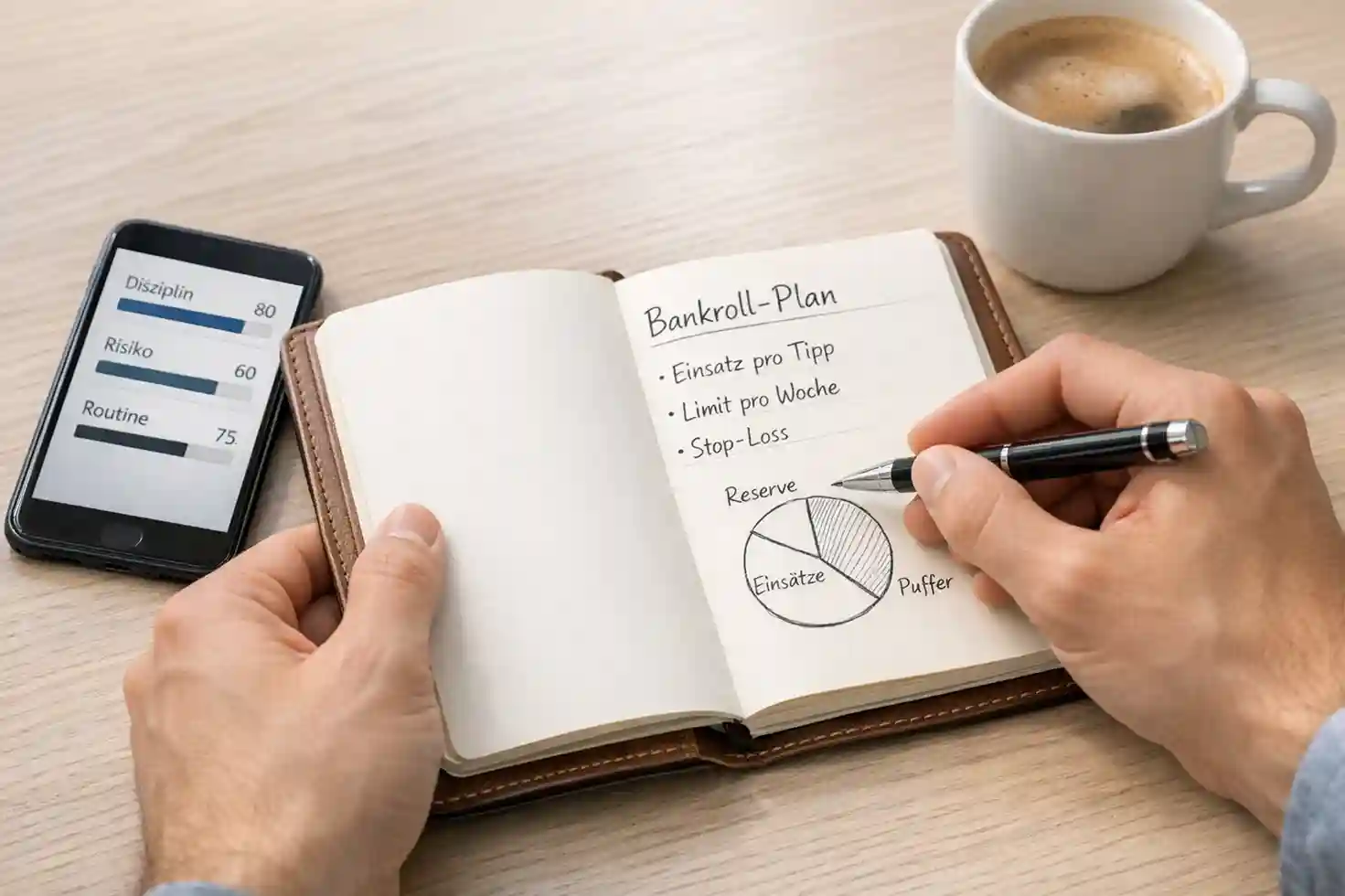 Person plant Wettstrategie mit Notizbuch und Stift auf aufgeräumtem Schreibtisch