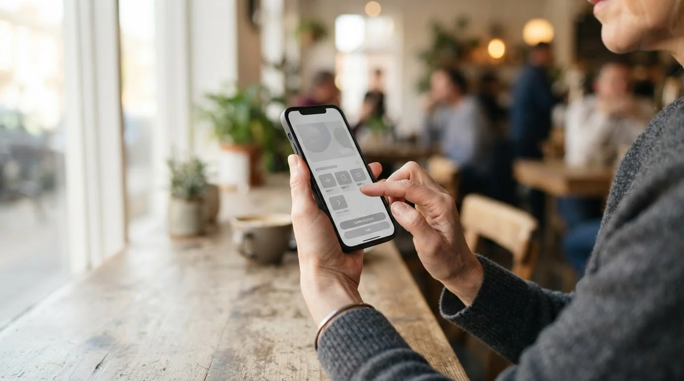 Hand hält Smartphone mit abstraktem Prepaid-Zahlungsmenü in hellem Café