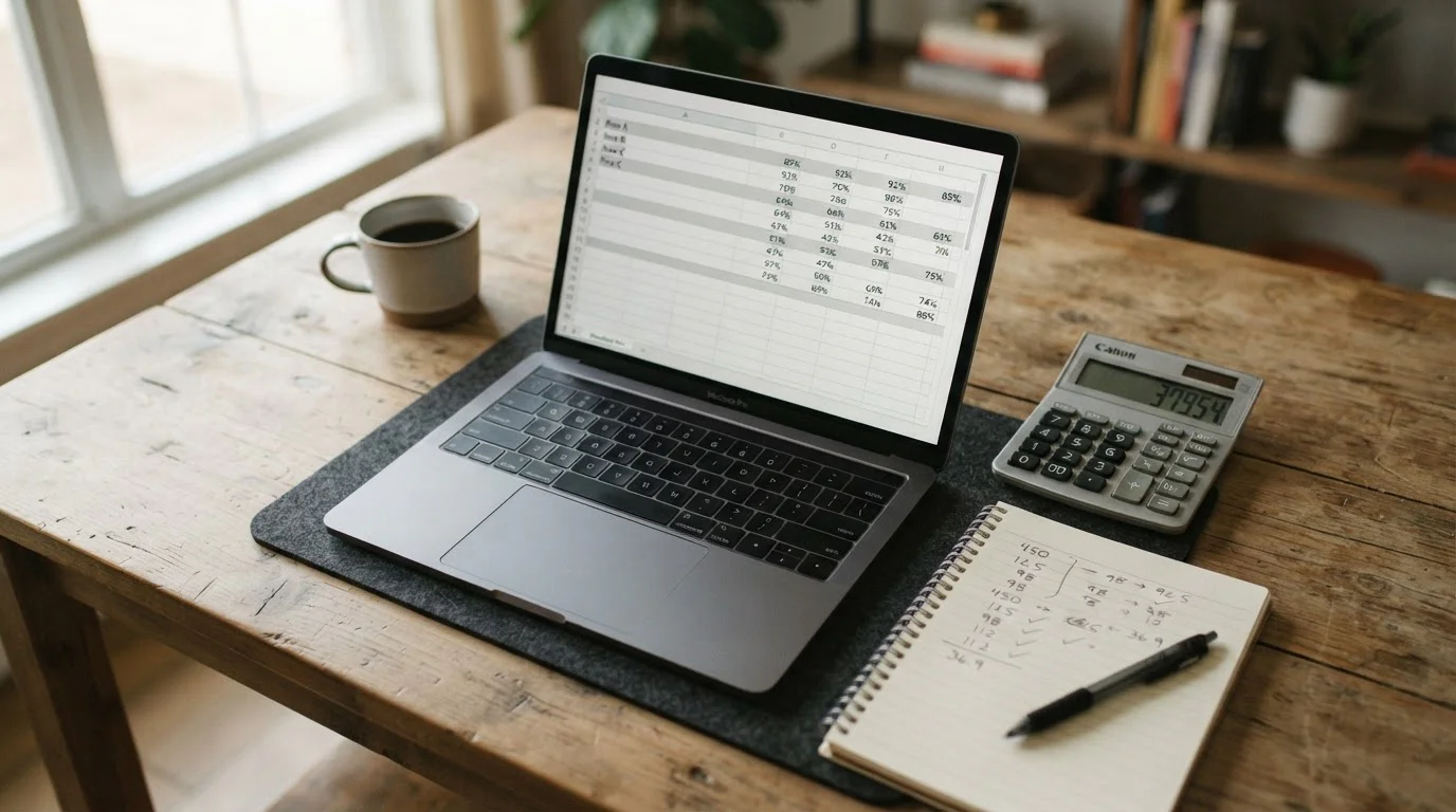 Laptop mit Wettanbieter-Vergleich auf dem Bildschirm, Taschenrechner und Notizen zur Wettensteuer daneben