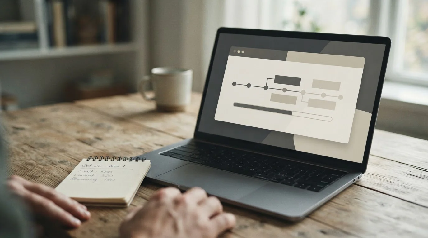 Nahaufnahme eines Laptops mit abstrakter Krypto-Transaktionsanzeige und einem Notizblock mit Wochenlimits