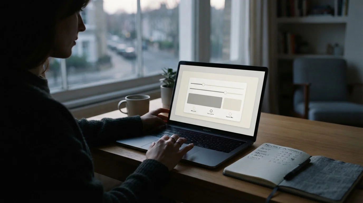 Person am Fenster bei Abendlicht stellt an einem Laptop mit Schiebereglern eigene Grenzen ein