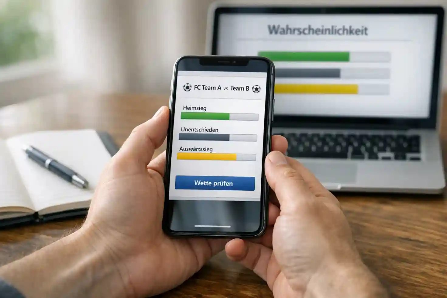 Sportwetter analysiert Quoten und Wahrscheinlichkeiten auf einem Bildschirm