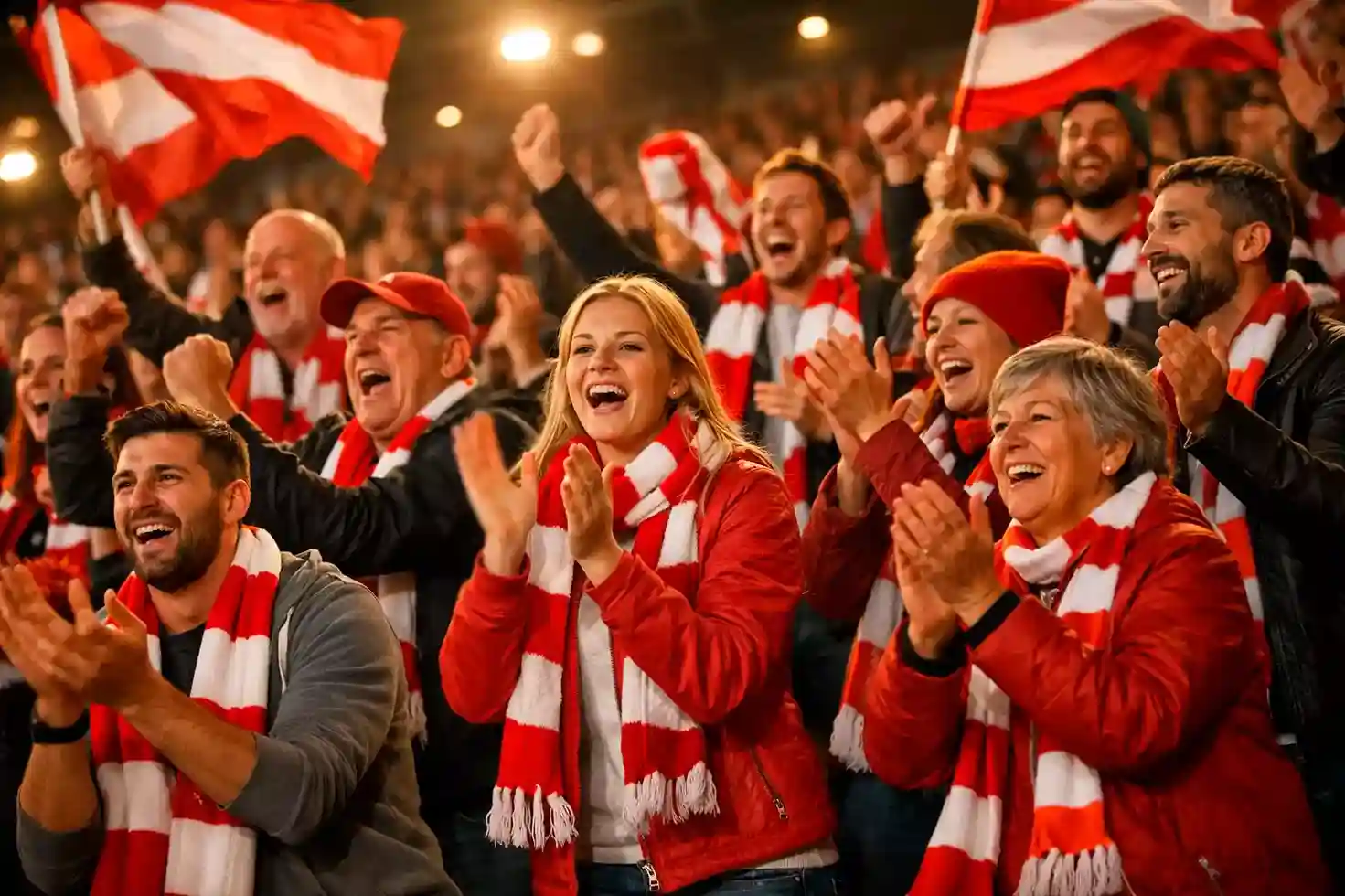 Begeisterte Fu&szlig;ballfans im Stadion mit Schals und Fahnen