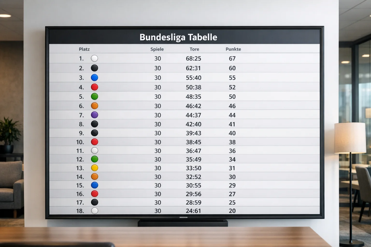 Bundesliga-Tabelle auf einem Display mit Vereinslogos und Punkten