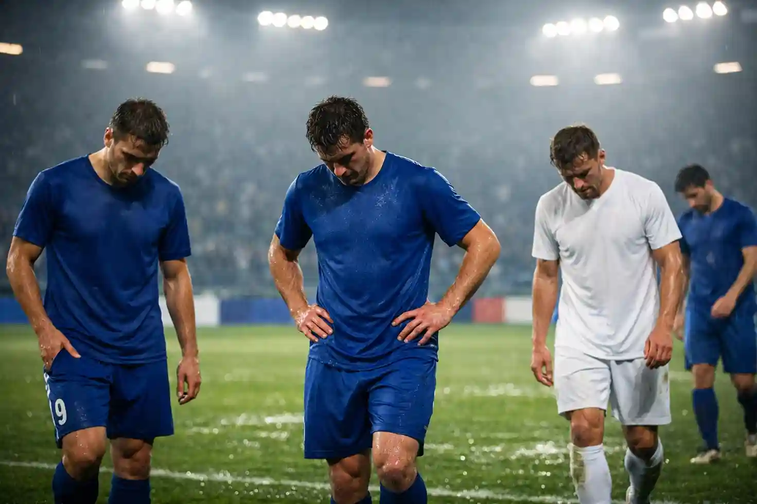Müde Fußballspieler nach einem Champions-League-Spiel verlassen den Platz