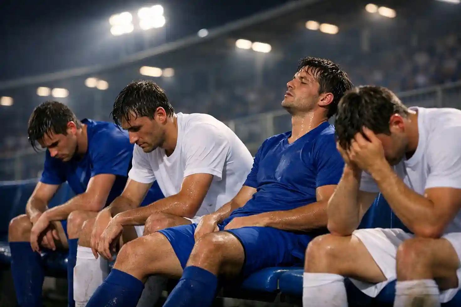 Müde Fußballspieler sitzen erschöpft auf der Ersatzbank