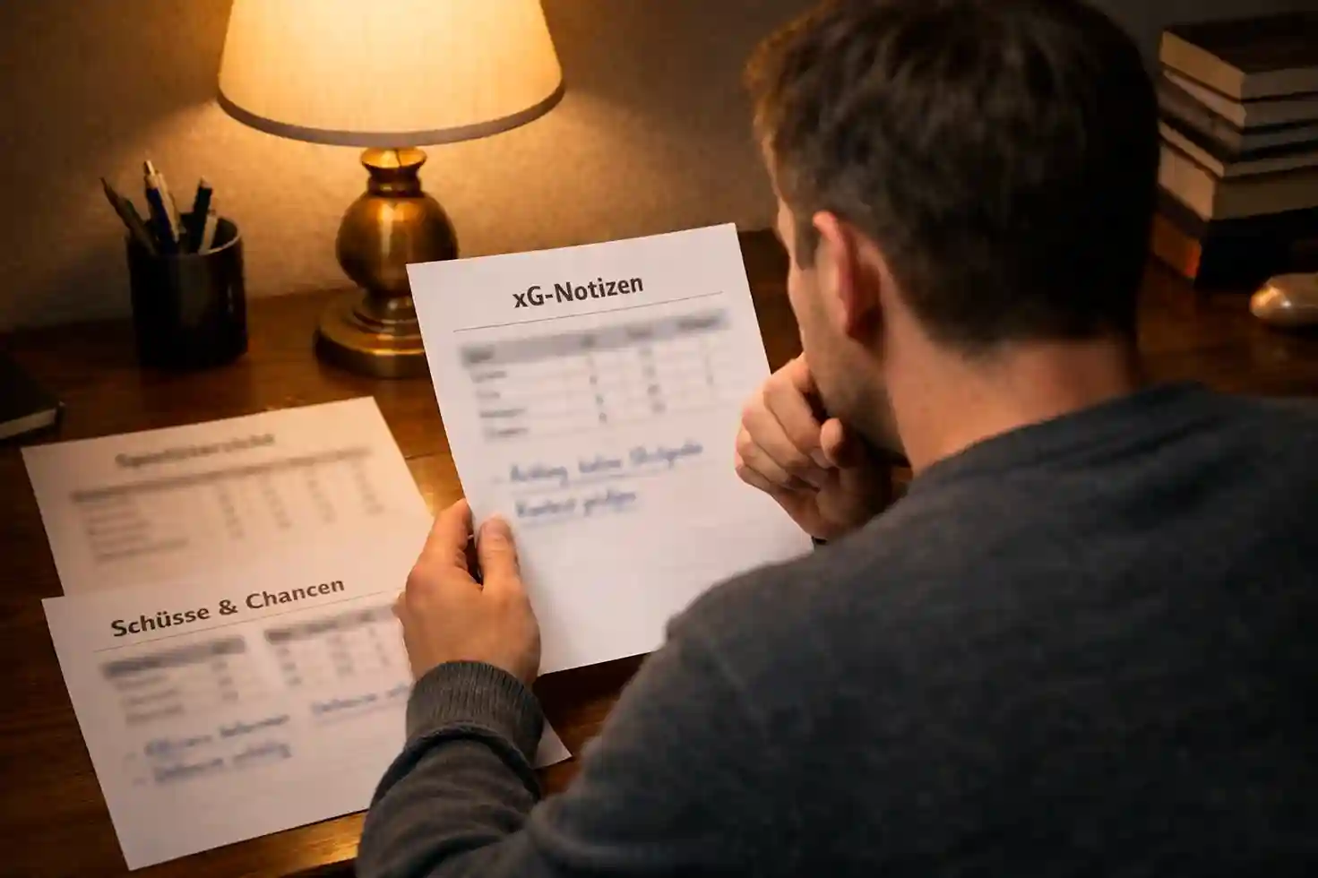 Person studiert Statistiken auf Papier mit nachdenklichem Ausdruck