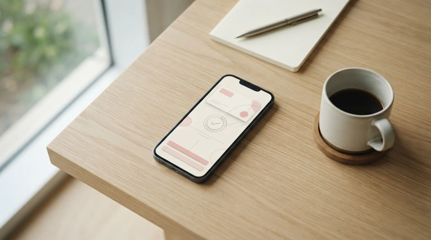 Smartphone mit Klarna-Zahlungsschnittstelle auf hellem Schreibtisch neben Kaffeetasse