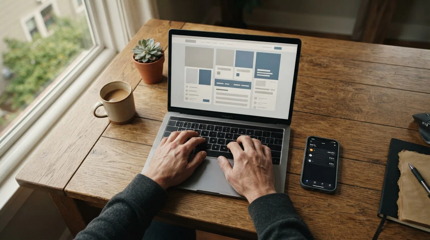 Person analysiert Krypto-Wettanbieter auf Laptop in ruhiger Arbeitsumgebung