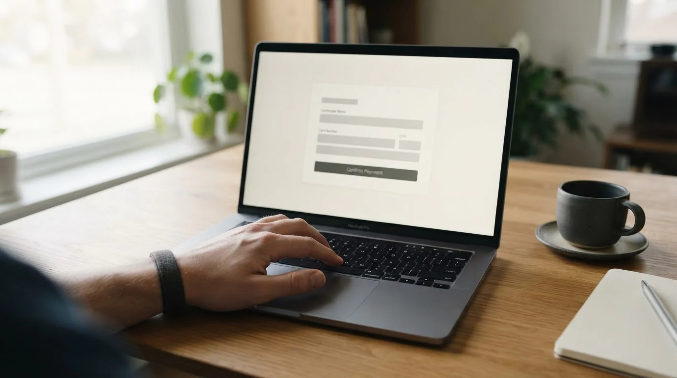 Nahaufnahme einer Hand am Laptop, die eine Zahlungsoption auf einem neutralen Wettanbieter-Interface auswählt