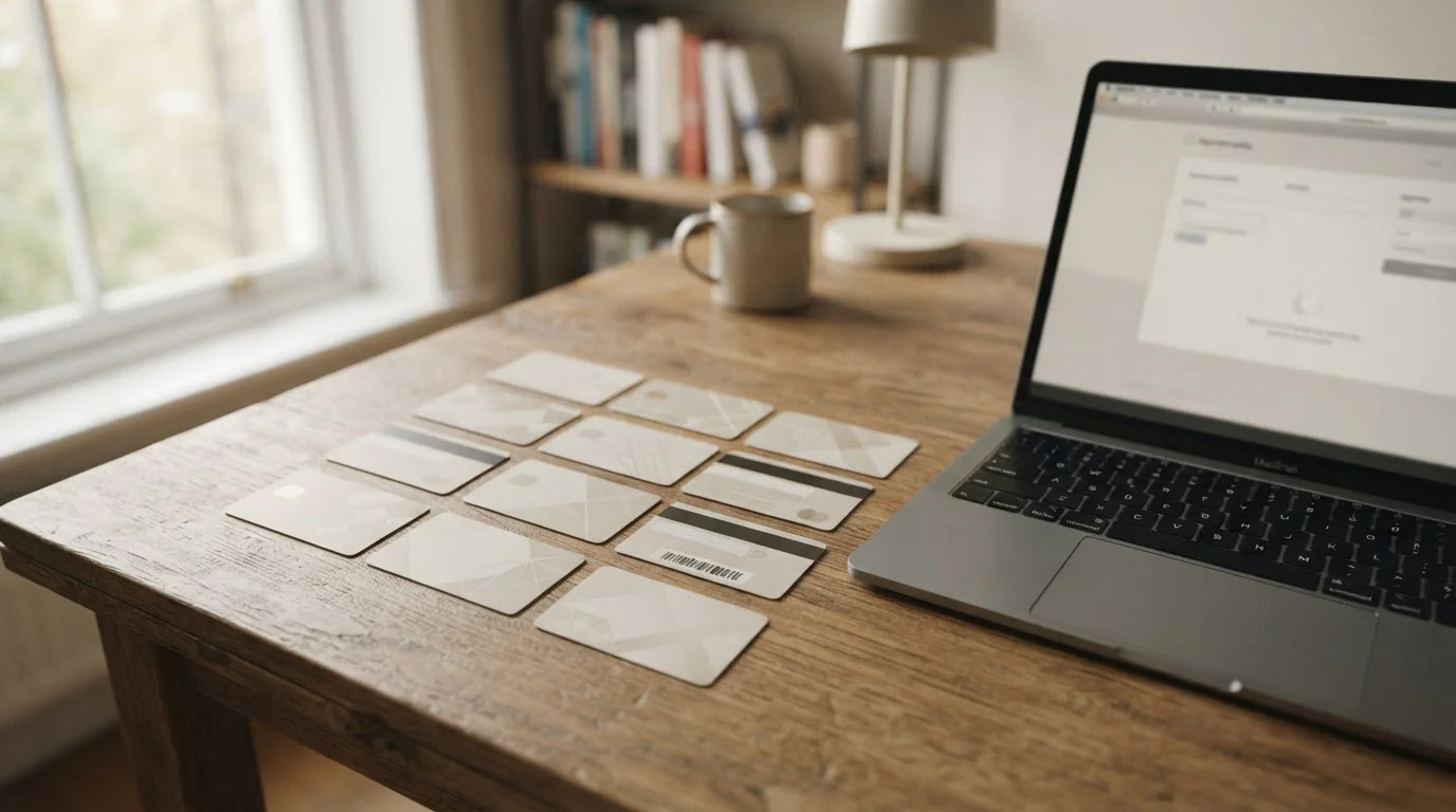 Paysafecard-Prepaidkarten auf neutralem Untergrund mit Laptop im Hintergrund