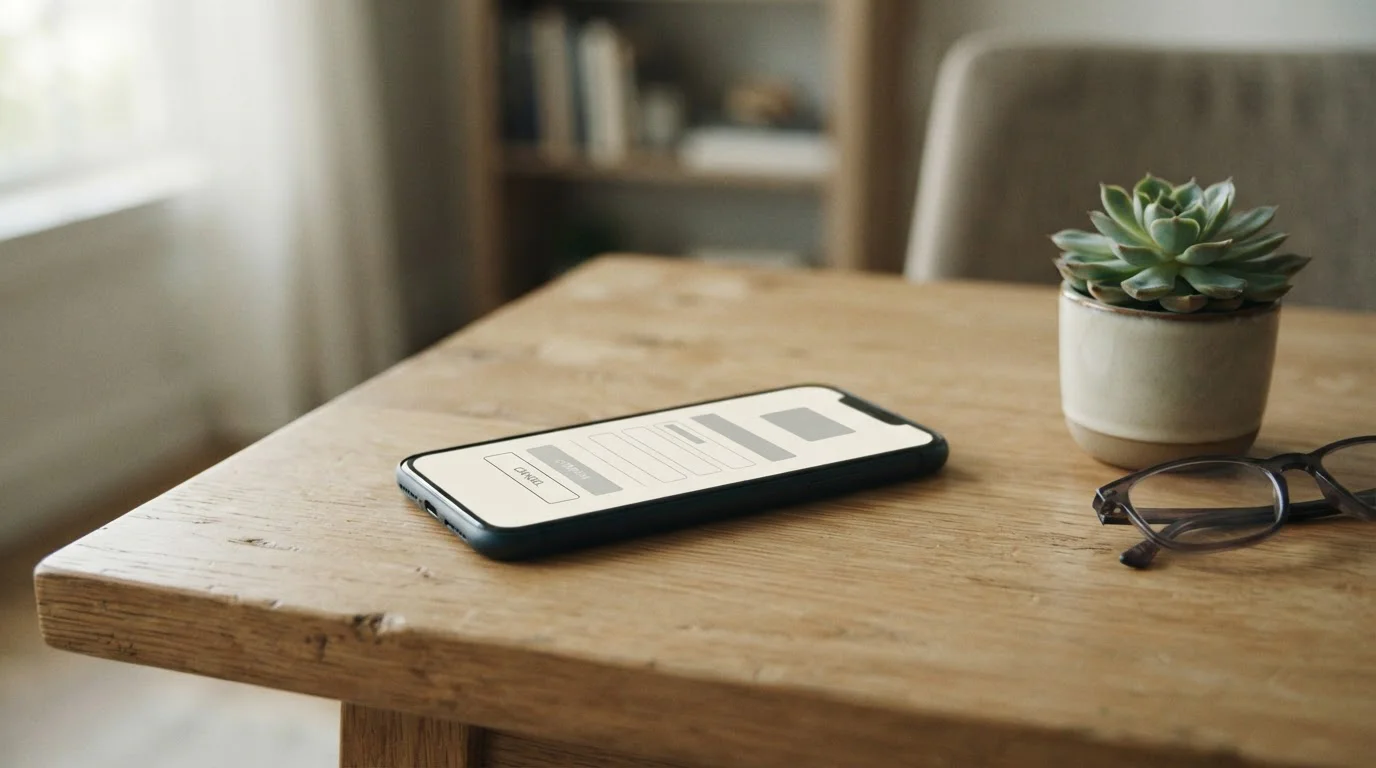 Smartphone mit Zahlungsschnittstelle und neutralem Interface auf hellem Holztisch