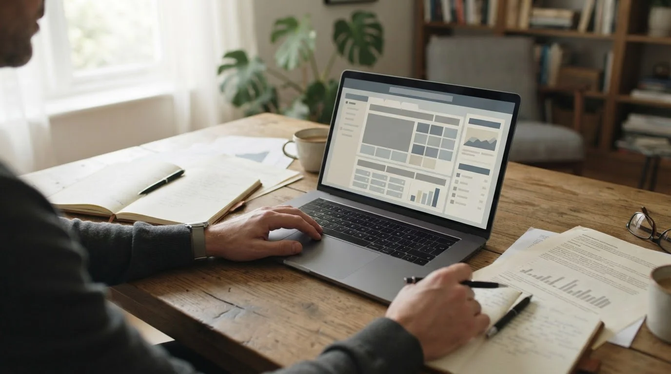 Laptop mit abstrakten Wettplattformen auf dem Bildschirm, umgeben von rechtlichen Dokumenten