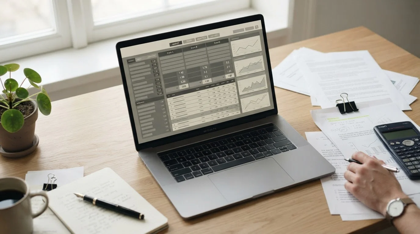 Laptop mit neutralen Wettplattform-Oberflächen und Dokumenten zur Regulierung im Hintergrund