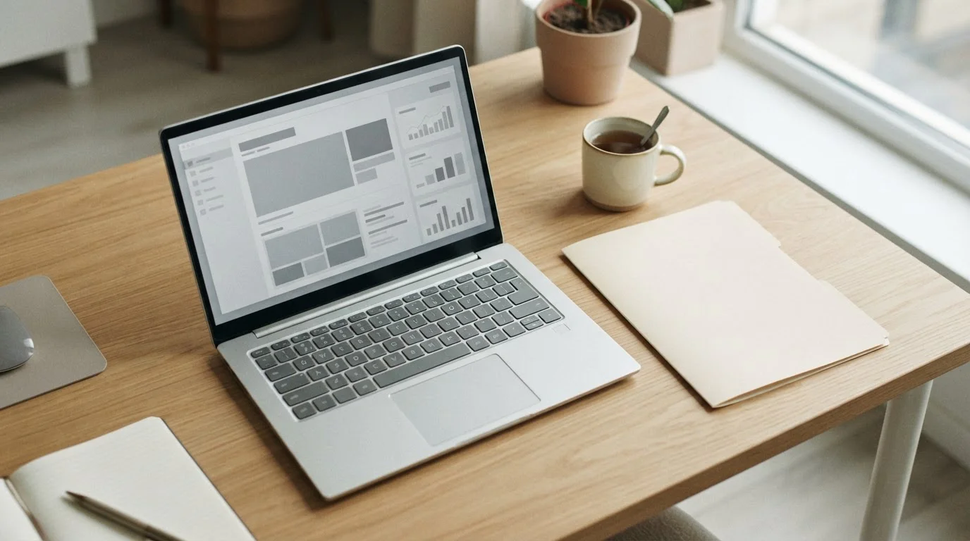 Person prüft Dokumente am Laptop mit neutralem Interface im Hintergrund