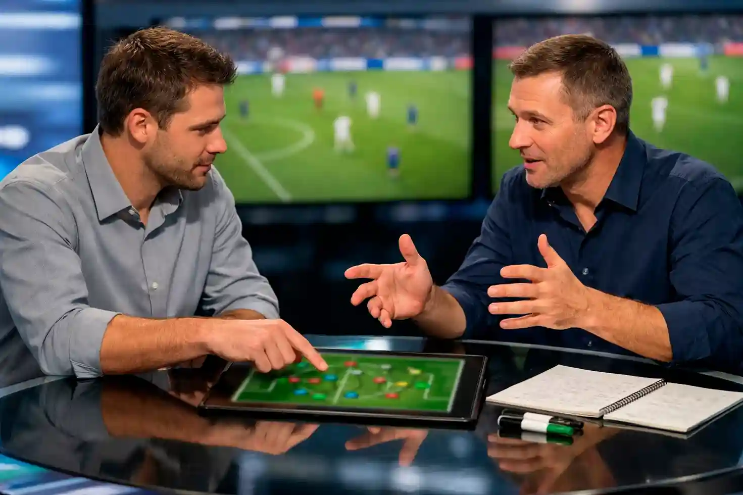 Fußballexperten diskutieren Spielanalyse im Fernsehstudio