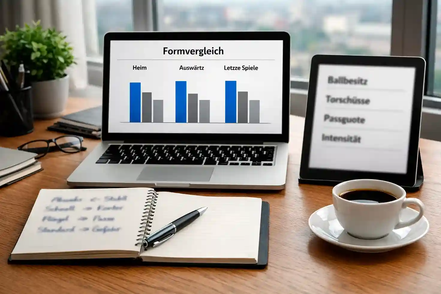 Arbeitsplatz für Formanalyse mit Laptop und Statistikdaten