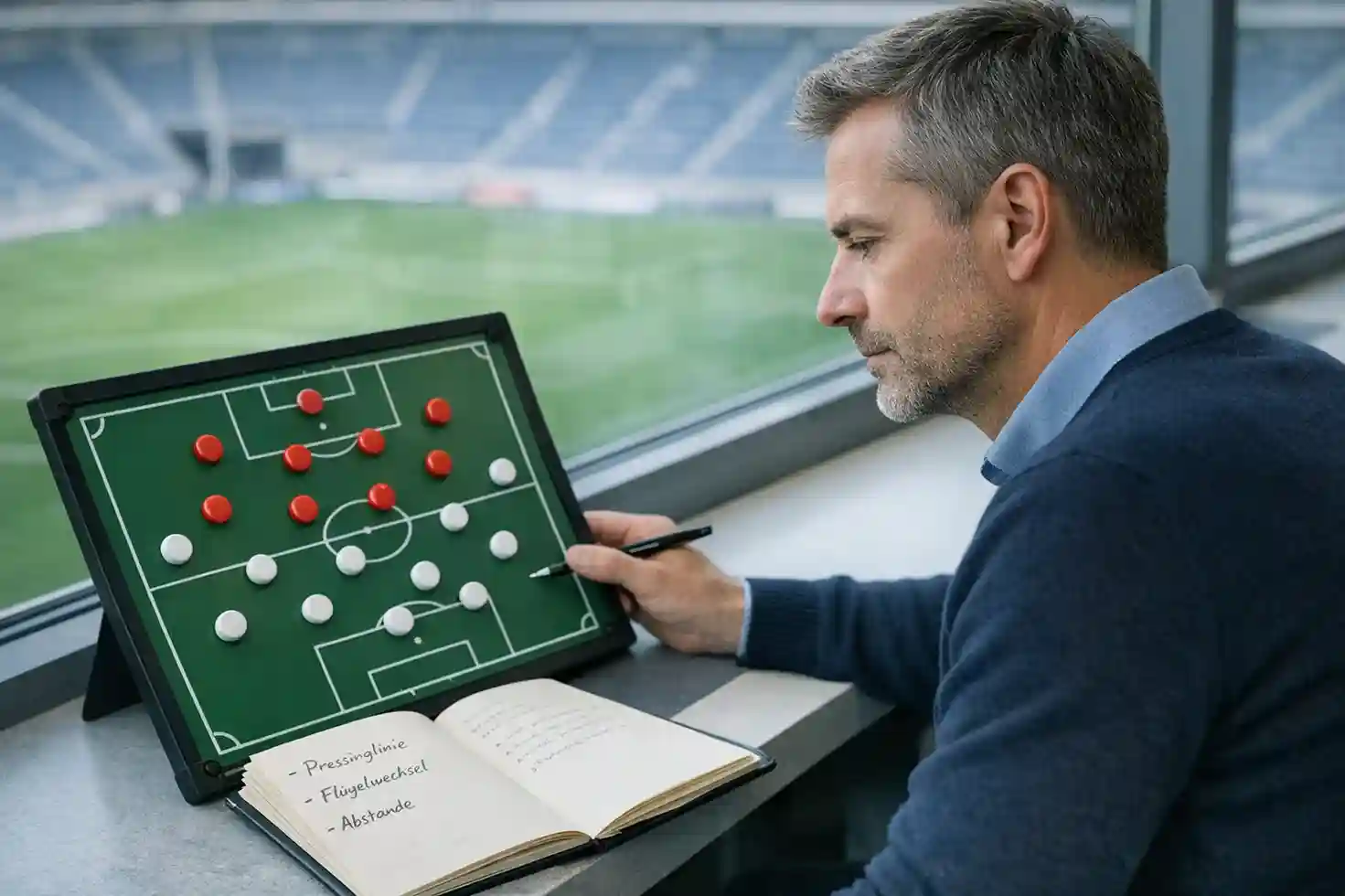 Fußball-Analyst bei der Arbeit mit Taktiktafel und Notizen im Stadion-Pressebereich