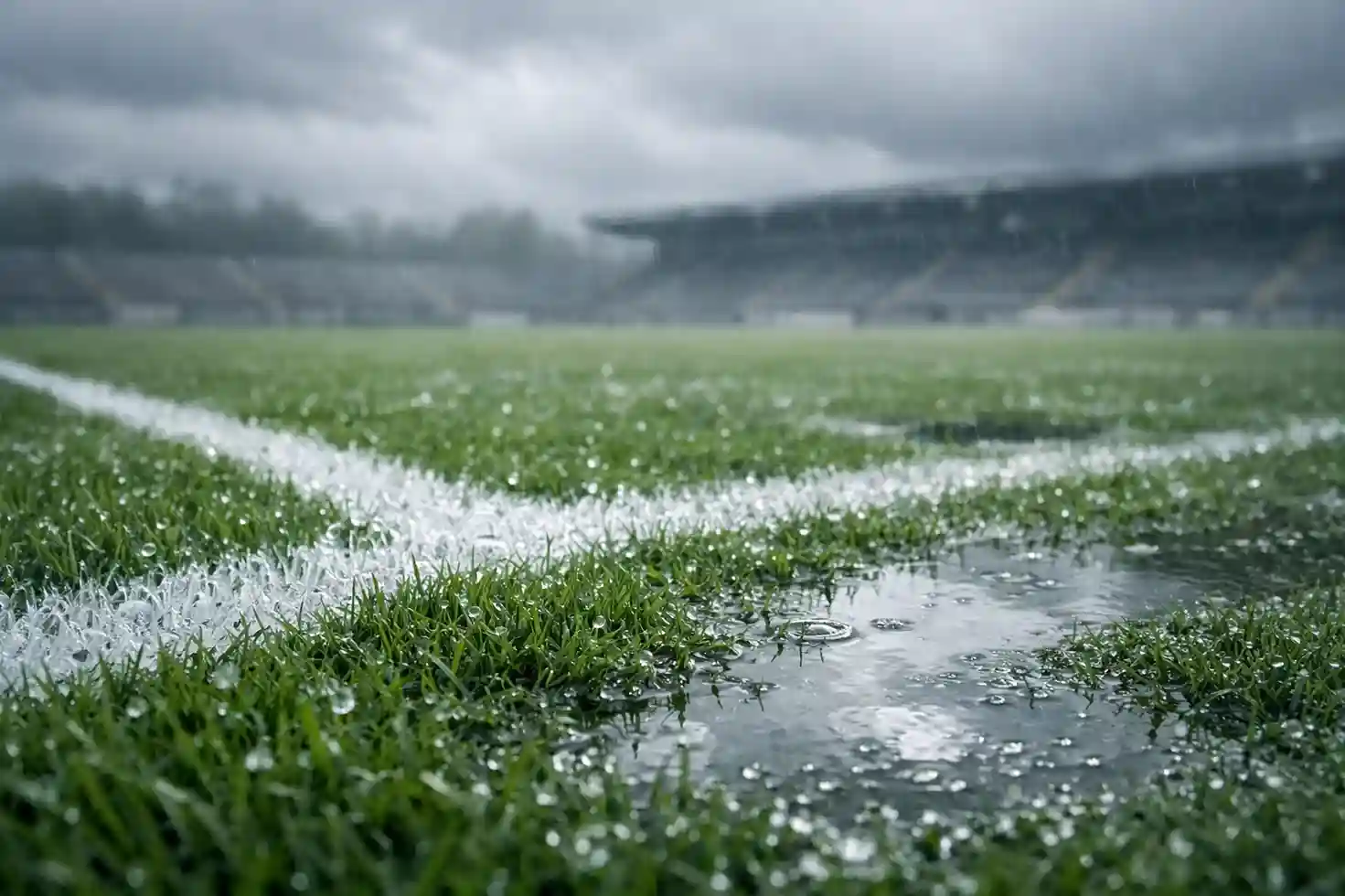Fu&szlig;ballplatz bei Regenwetter mit nassem Rasen und Pf&uuml;tzen