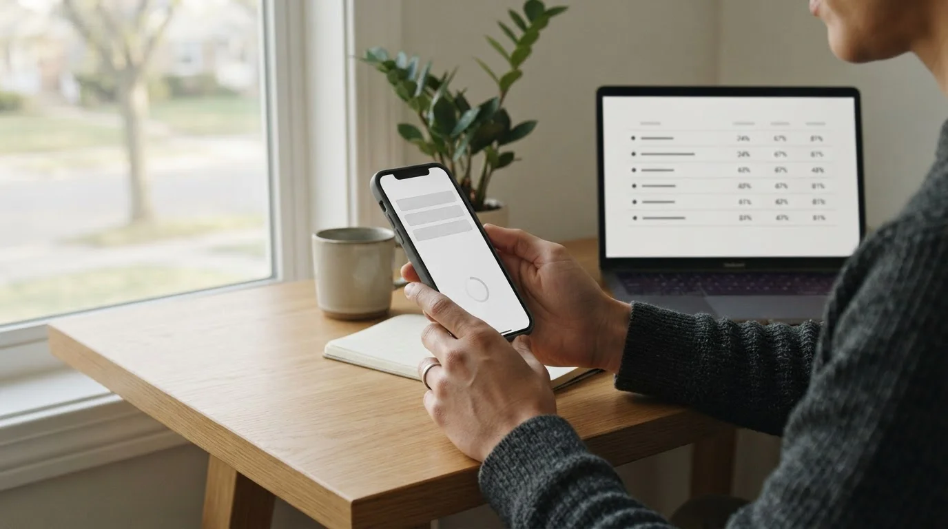 Hand hält Smartphone mit Zahlungs-Interface, Laptop zeigt Gebührentabelle