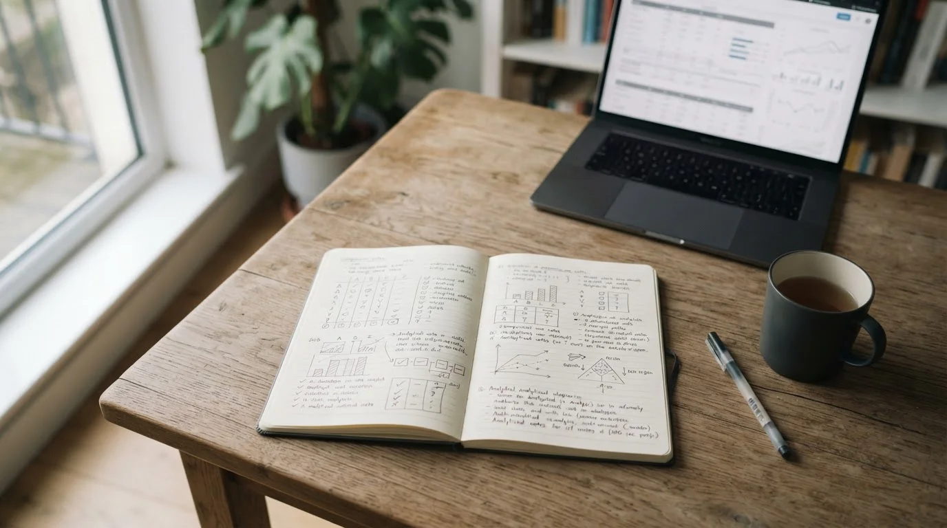 Aufgeschlagenes Notizbuch mit handgeschriebenen Vergleichskriterien und Laptop im Hintergrund