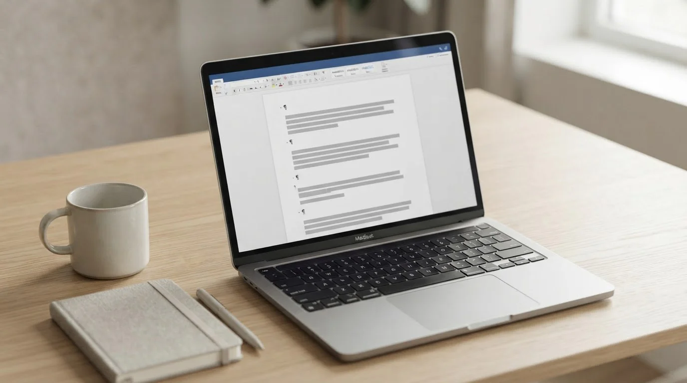 Dokument mit Paragraphenzeichen und Laptop auf neutralem Schreibtisch