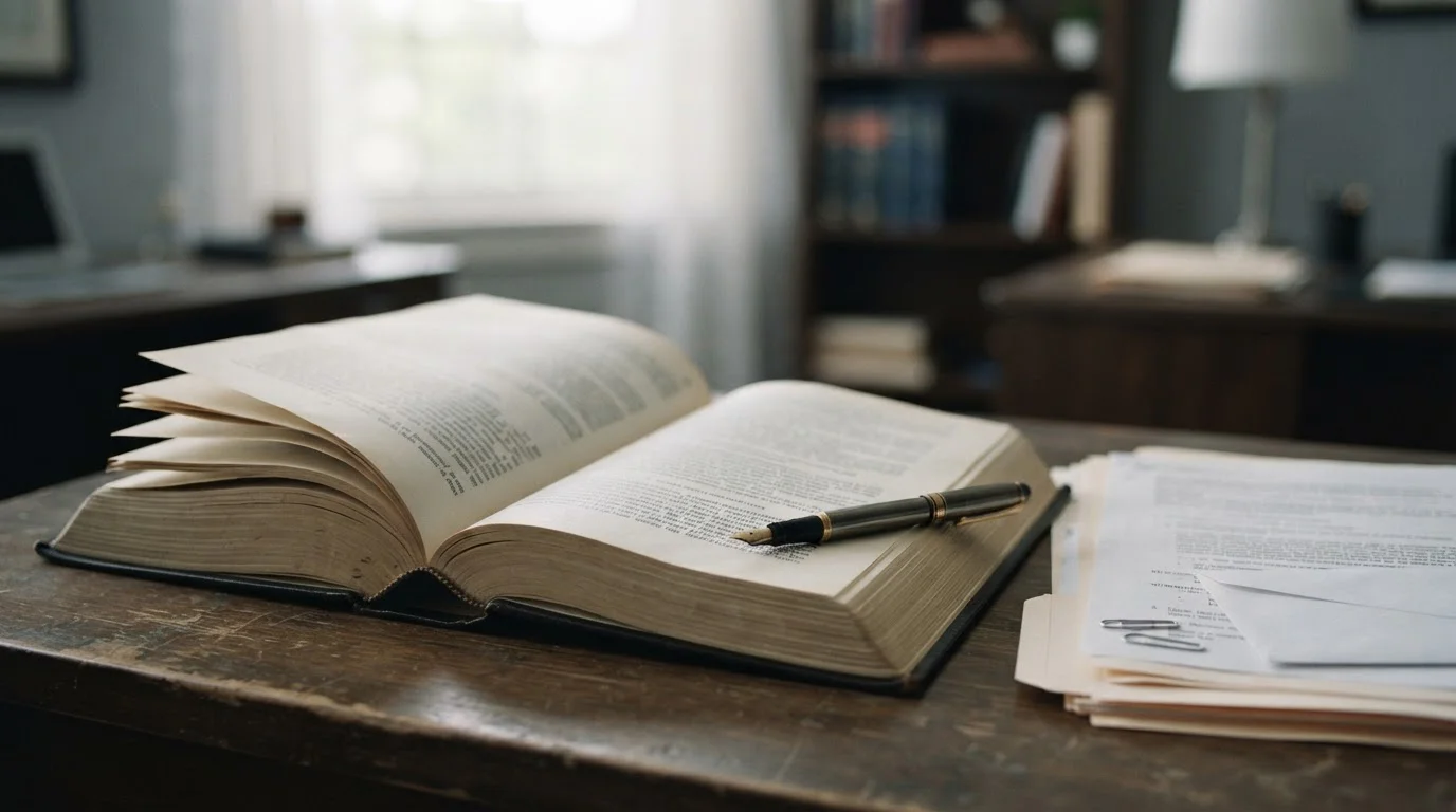 Aufgeschlagenes Gesetzbuch und Dokumente auf einem Schreibtisch