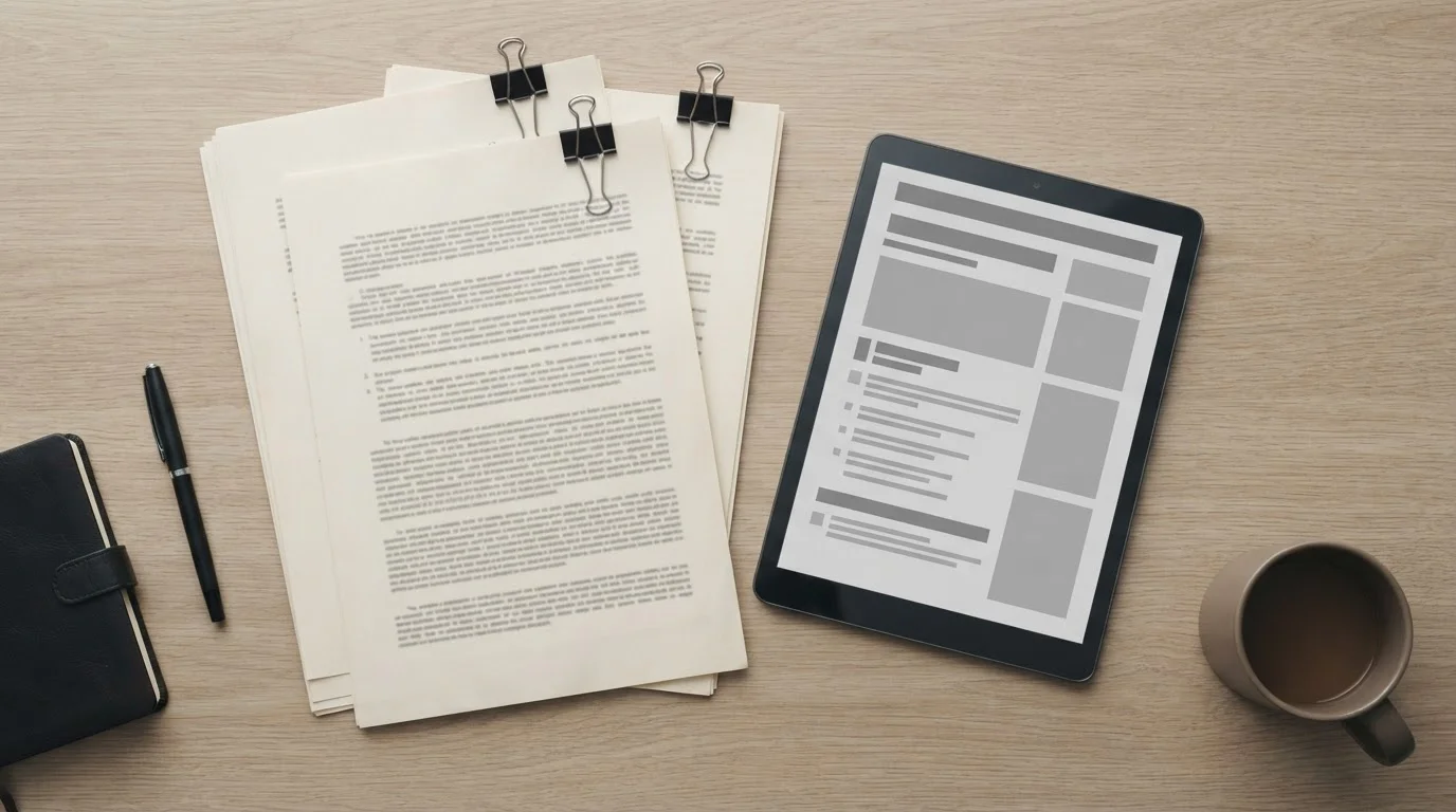Offizielle Dokumente und Tablet mit Regulierungstext auf Schreibtisch