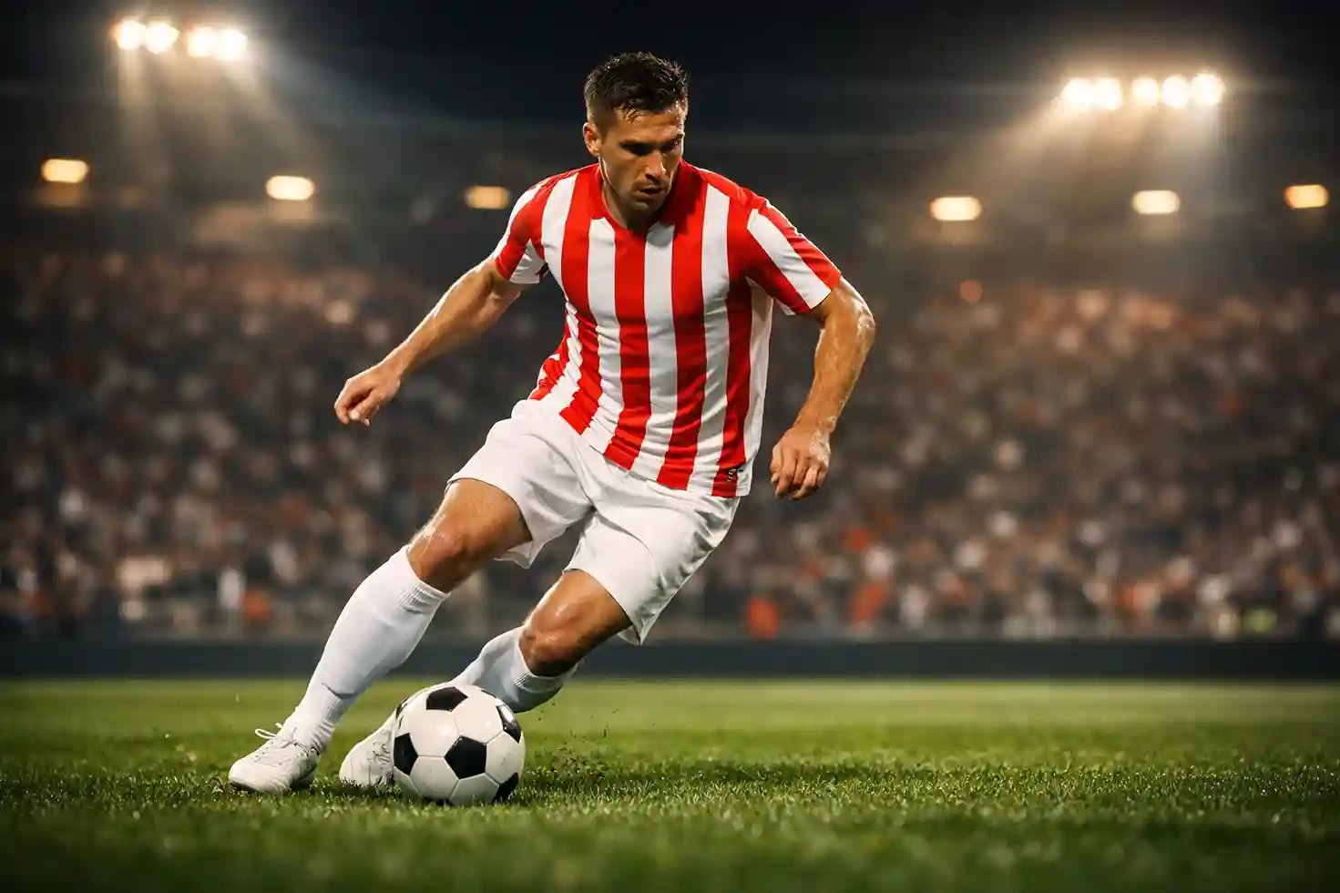 Professionelle Bundesliga-Spielszene im Stadion mit dramatischer Beleuchtung