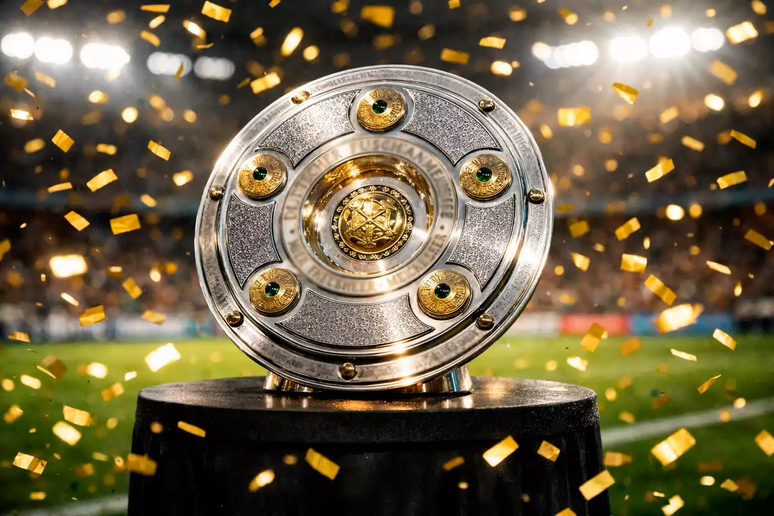 Bundesliga-Pokal auf einem Podest im Stadion mit Konfetti