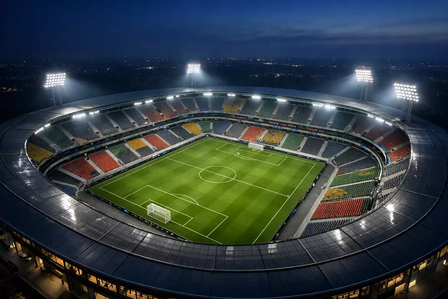 Bundesliga-Stadion von oben bei Flutlicht mit grünem Rasen