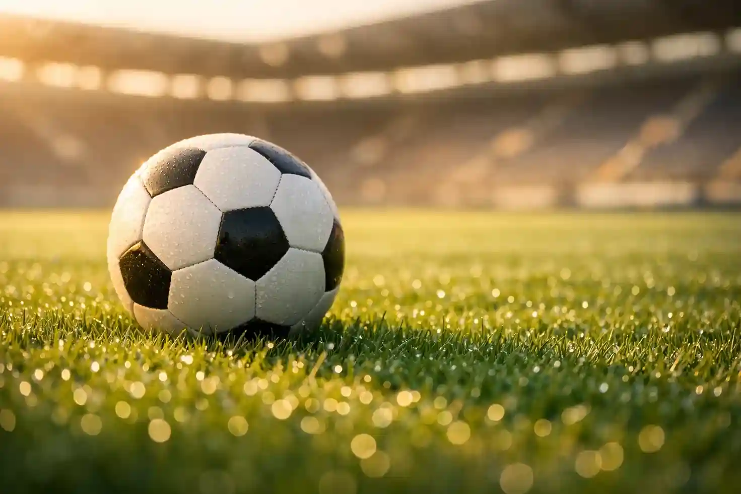 Fußball auf grünem Rasen im Morgenlicht mit Stadion im Hintergrund