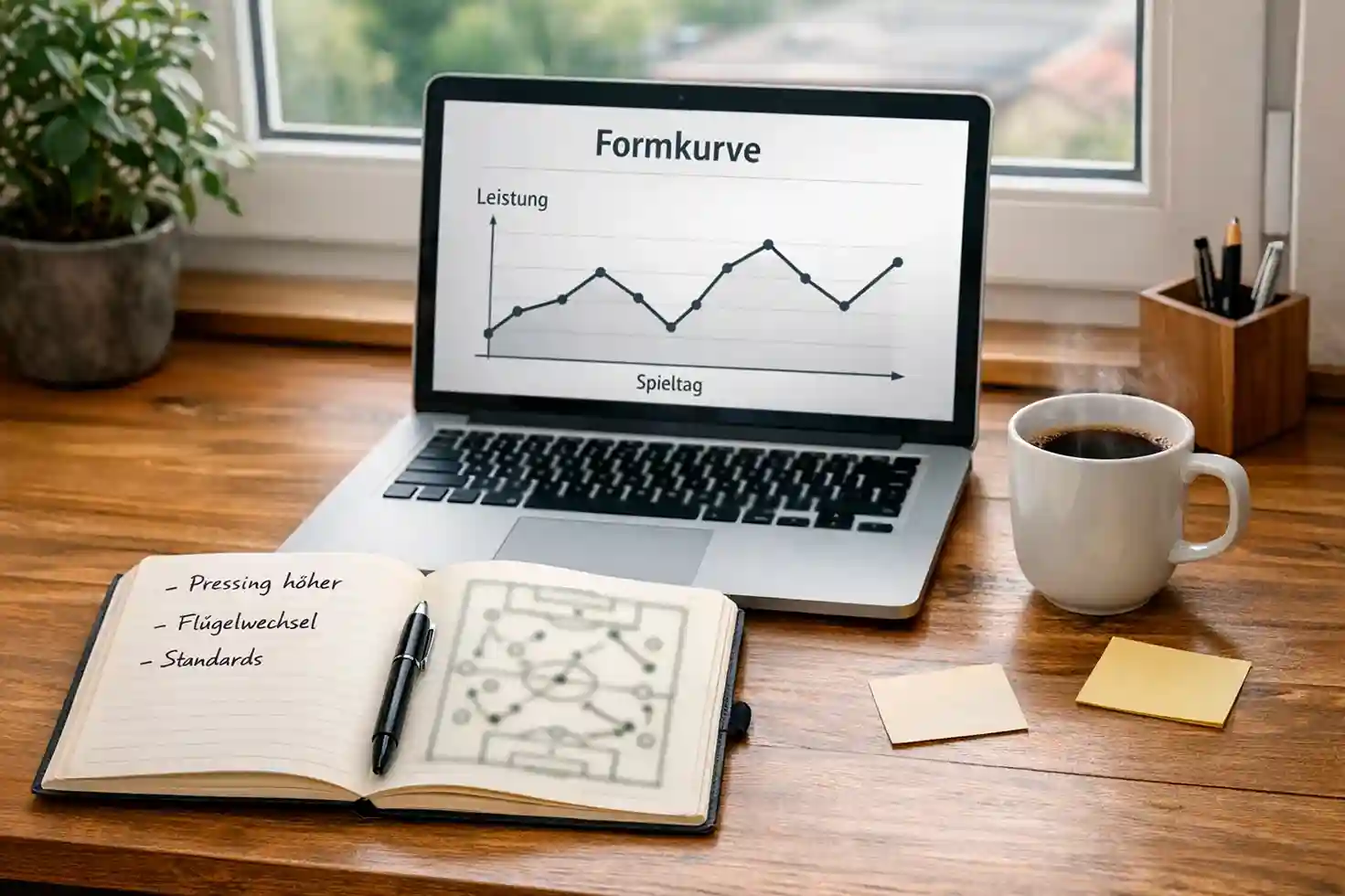 Strategieplanung mit digitalen und analogen Elementen auf einem Schreibtisch