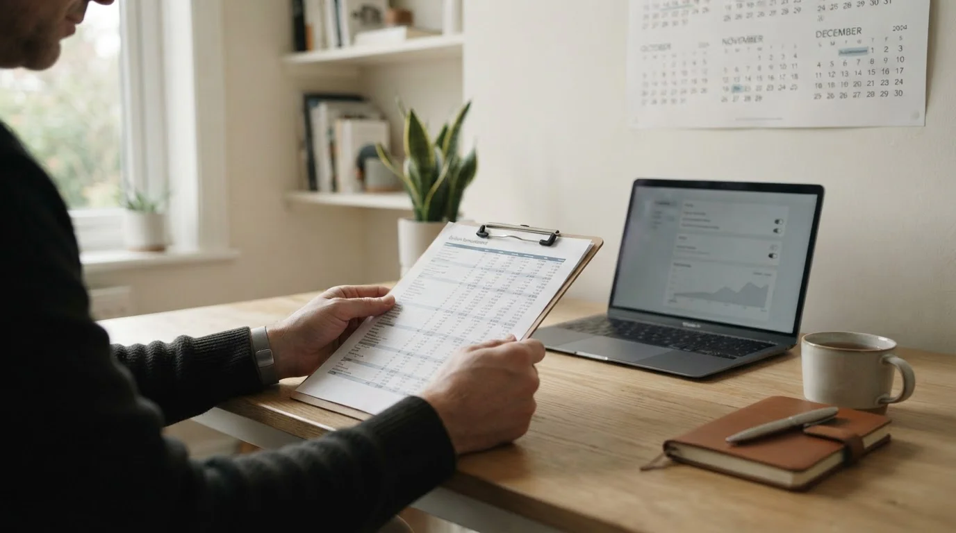 Ruhige Szene mit Kalender und Budget-Planung für verantwortungsvolles Wetten