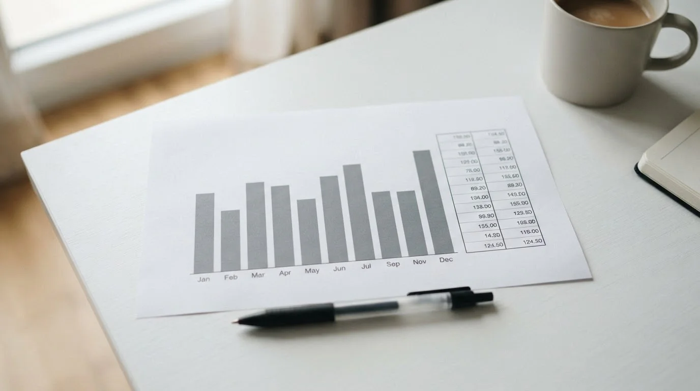 Jahresübersicht mit Balkendiagramm und Stift auf hellem Schreibtisch