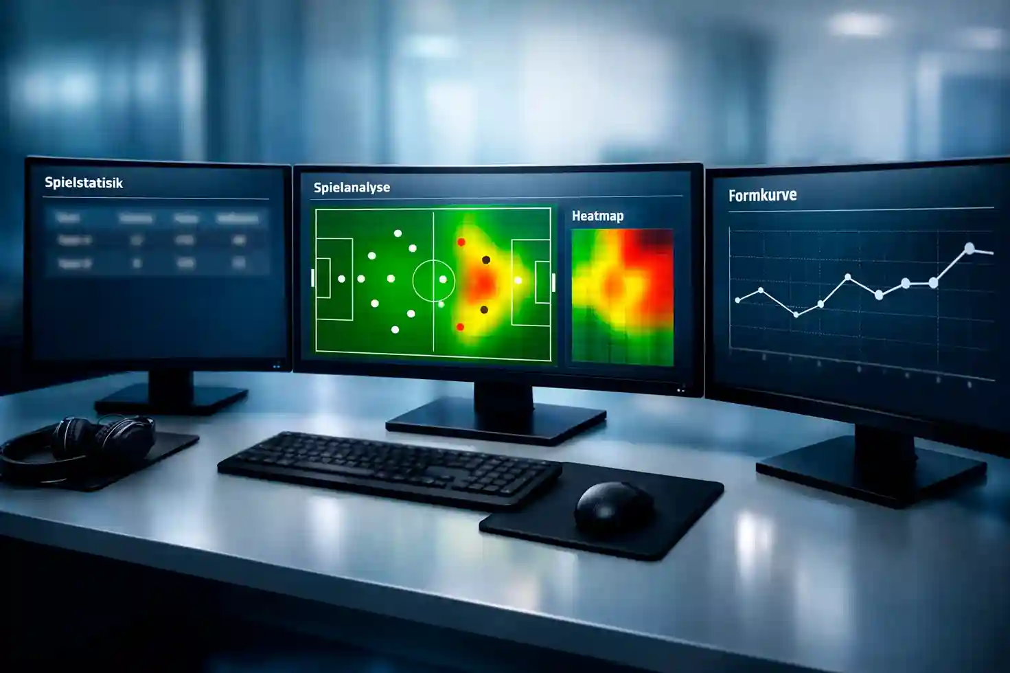 Moderne Datenanalyse-Visualisierung mit Fußball-Statistiken auf mehreren Bildschirmen