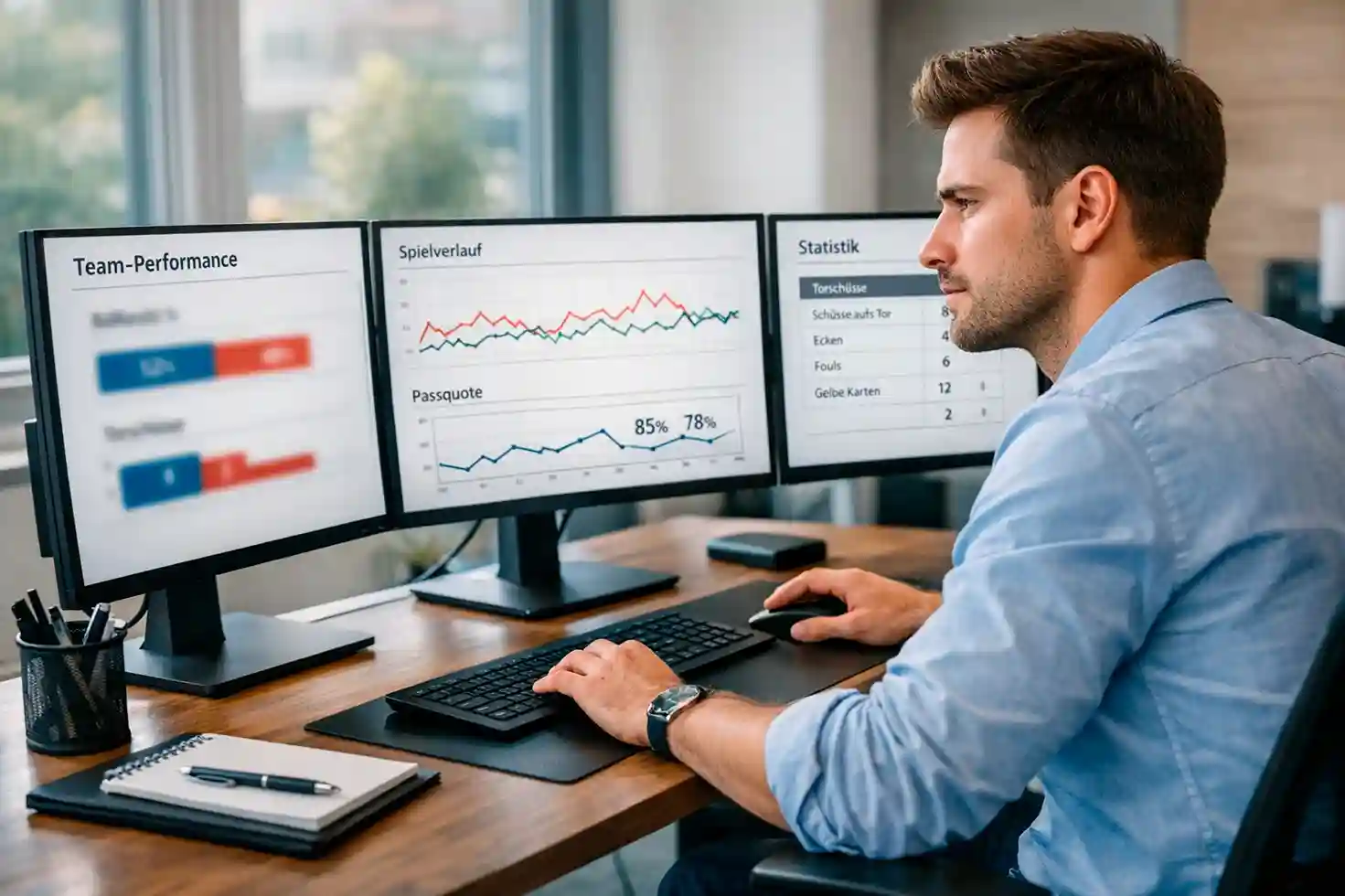 Analyst betrachtet mehrere Monitore mit Fu&szlig;ball-Statistiken und Diagrammen