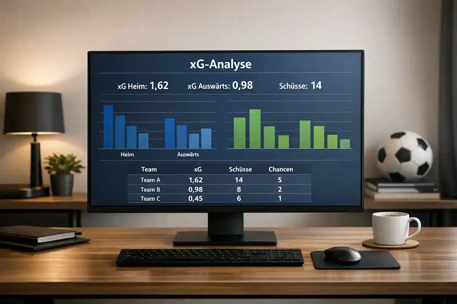 Computerbildschirm zeigt xG-Statistiken und Datenanalyse-Dashboard