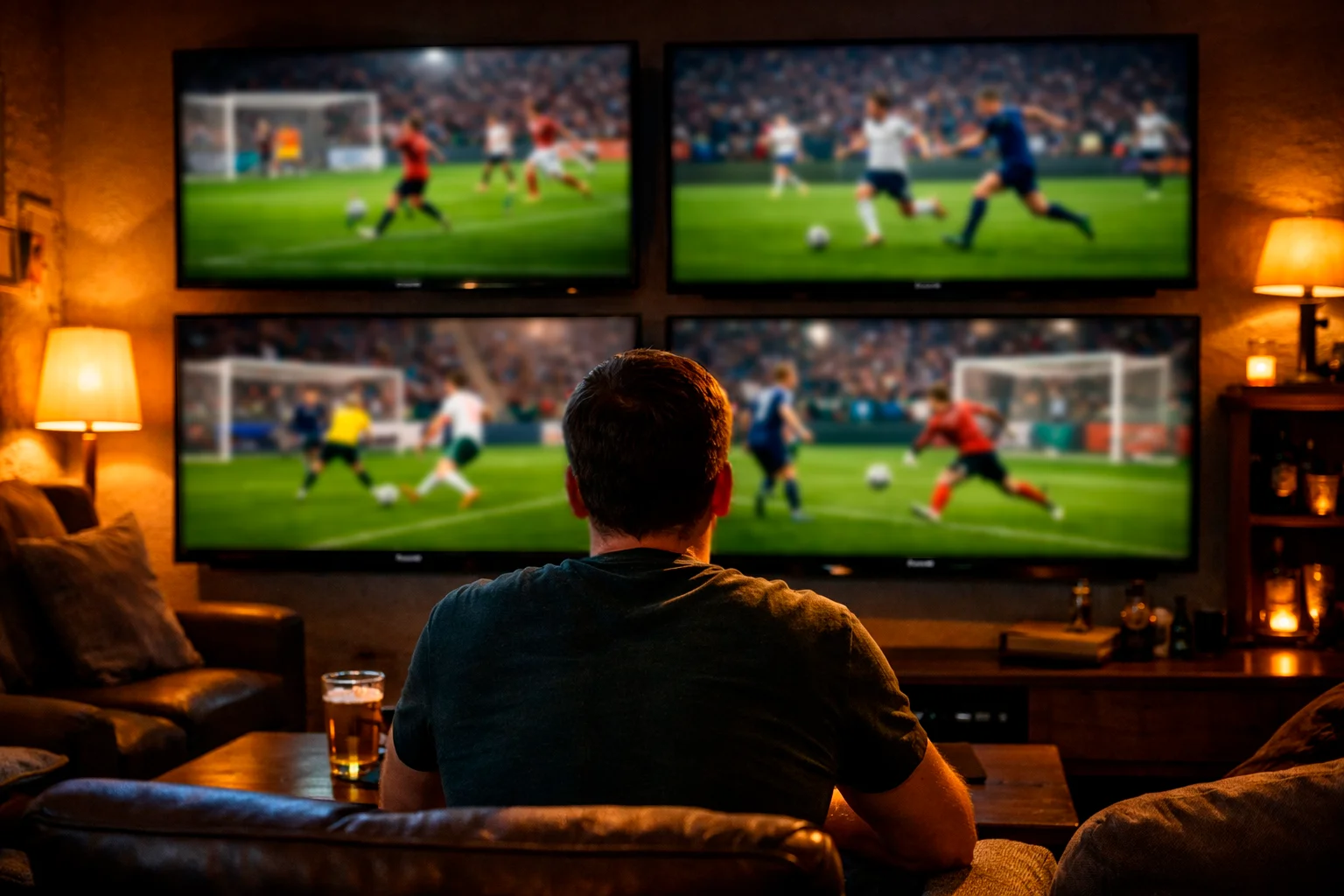 Mehrere Bildschirme zeigen gleichzeitig verschiedene Fußballspiele