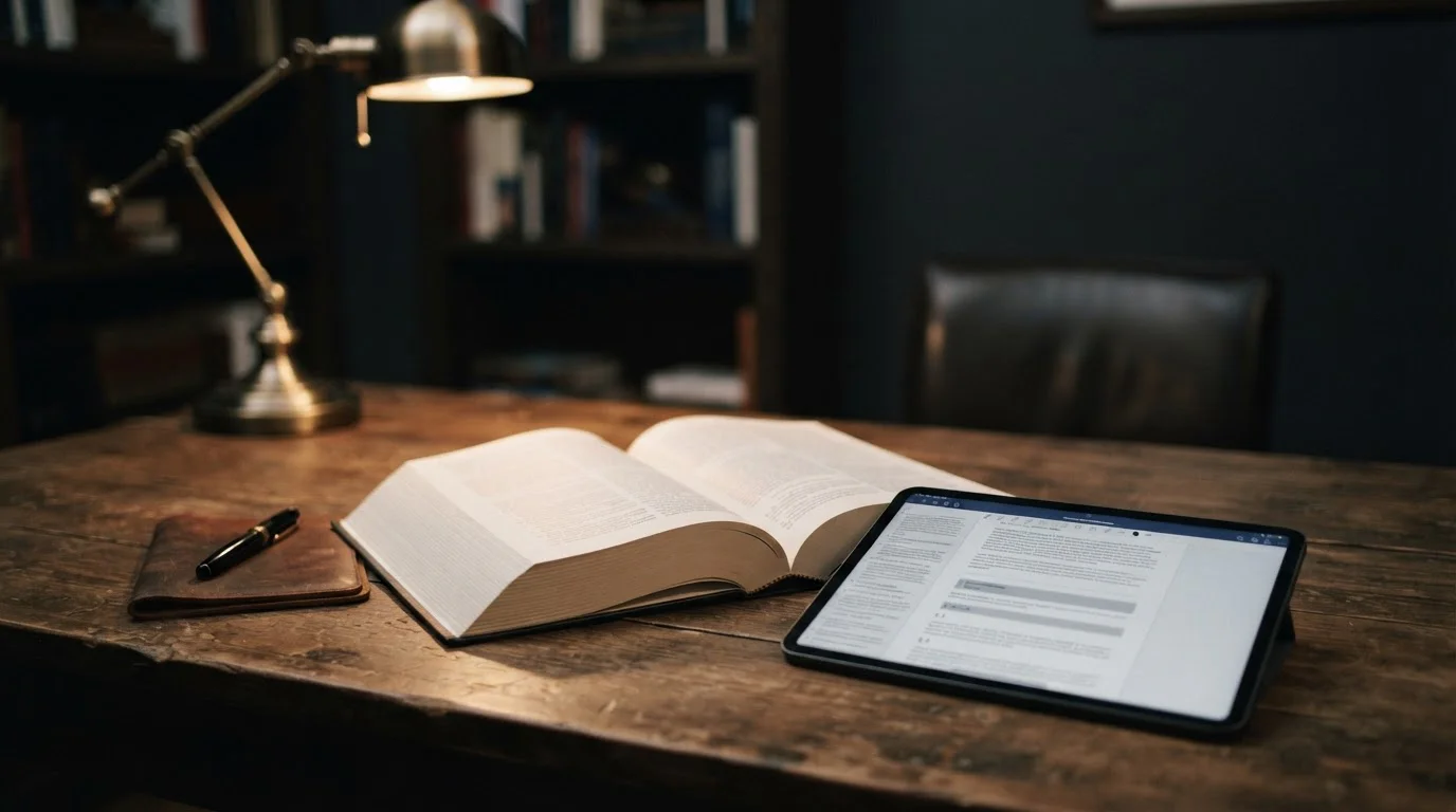 Aufgeschlagenes Gesetzbuch neben Tablet mit Paragrafensymbolen