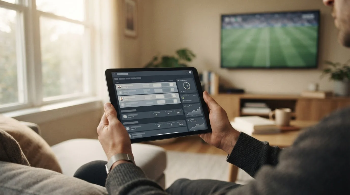 Person verfolgt Live-Sportereignis auf Tablet während laufendes Spiel im Hintergrund läuft