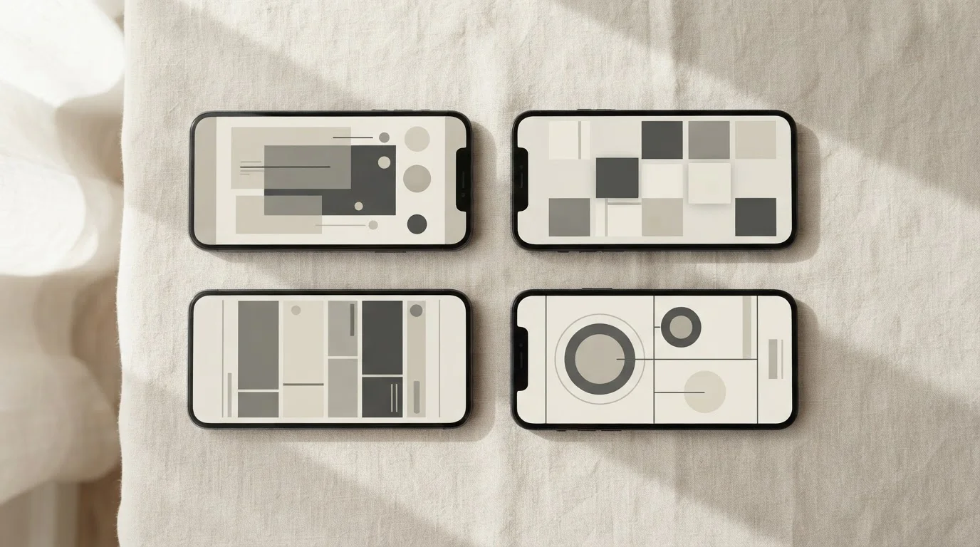 Verschiedene Smartphones nebeneinander mit abstrakten App-Oberflächen