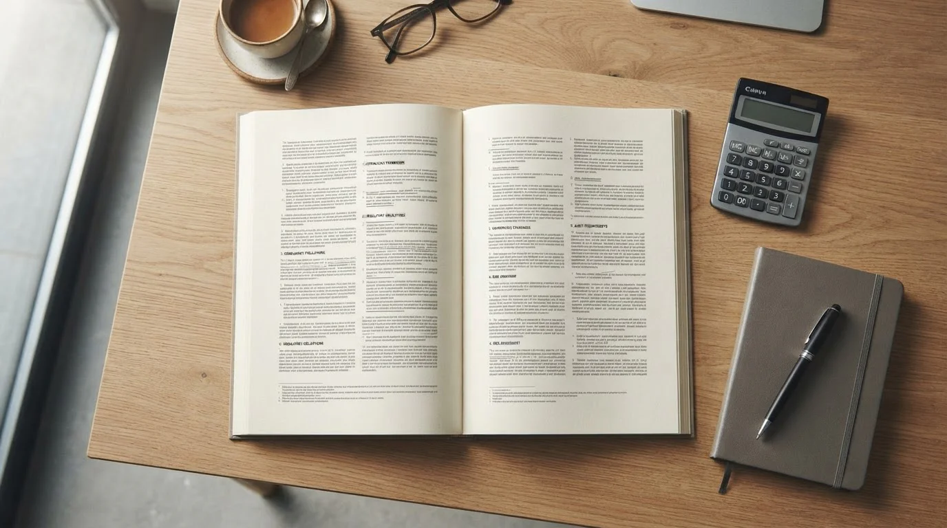 Gesetzestext und Taschenrechner auf Schreibtisch mit gedämpftem Licht