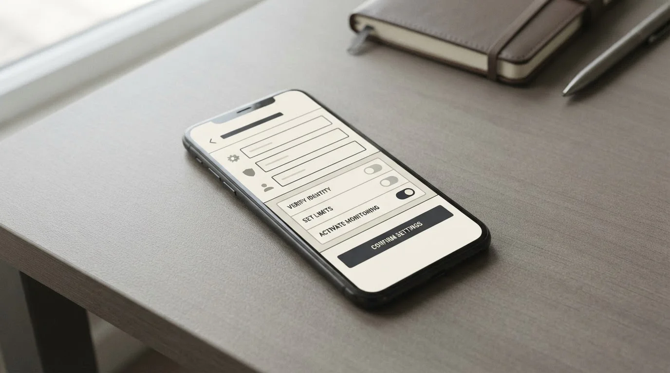 Smartphone mit neutraler Einzahlungslimit-Oberfläche auf schlichtem Schreibtisch