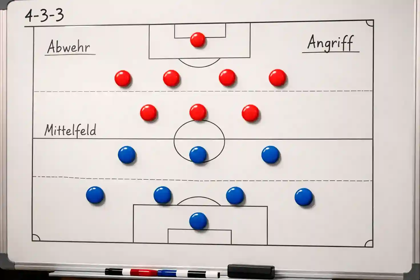 Taktiktafel mit Mannschaftsaufstellung und Spielerpositionen im Umkleideraum