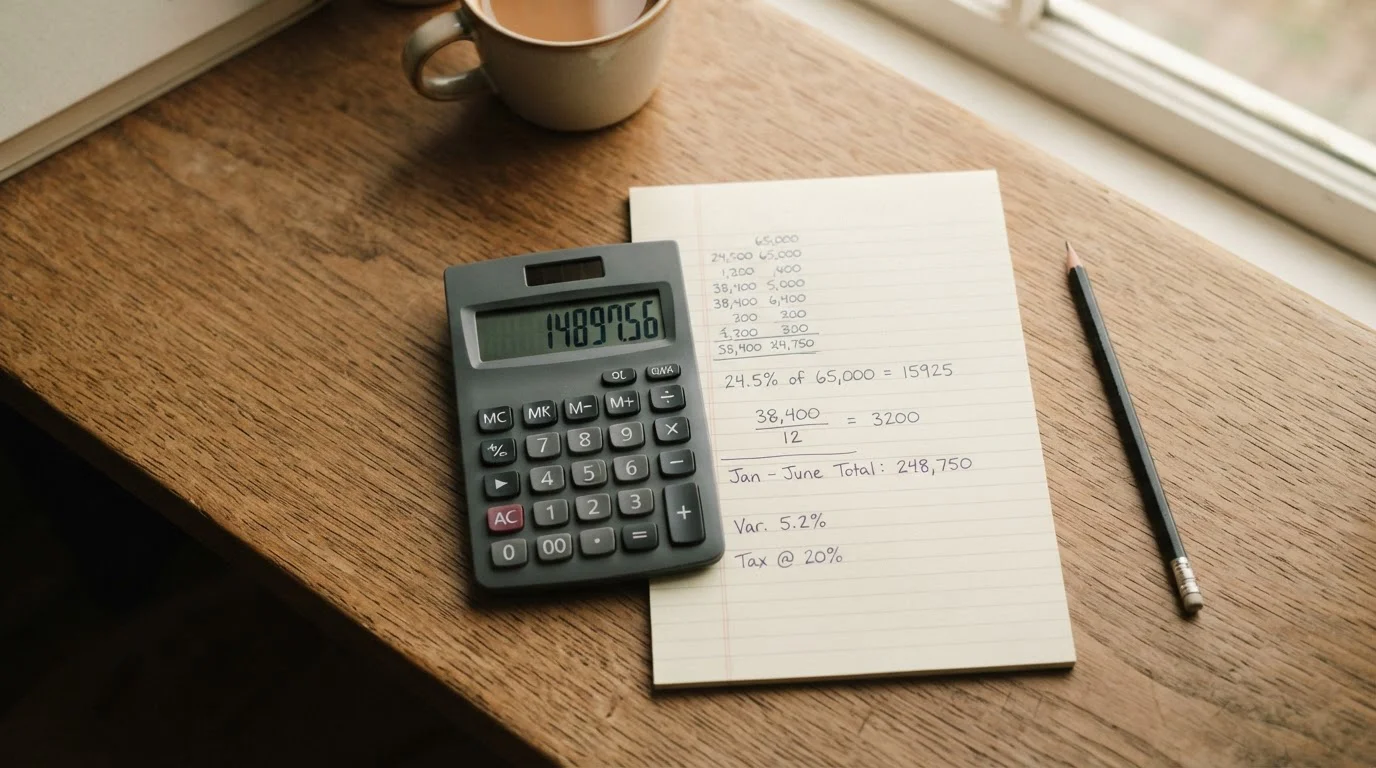Nahaufnahme eines Taschenrechners und handschriftlicher Notizen mit Zahlen