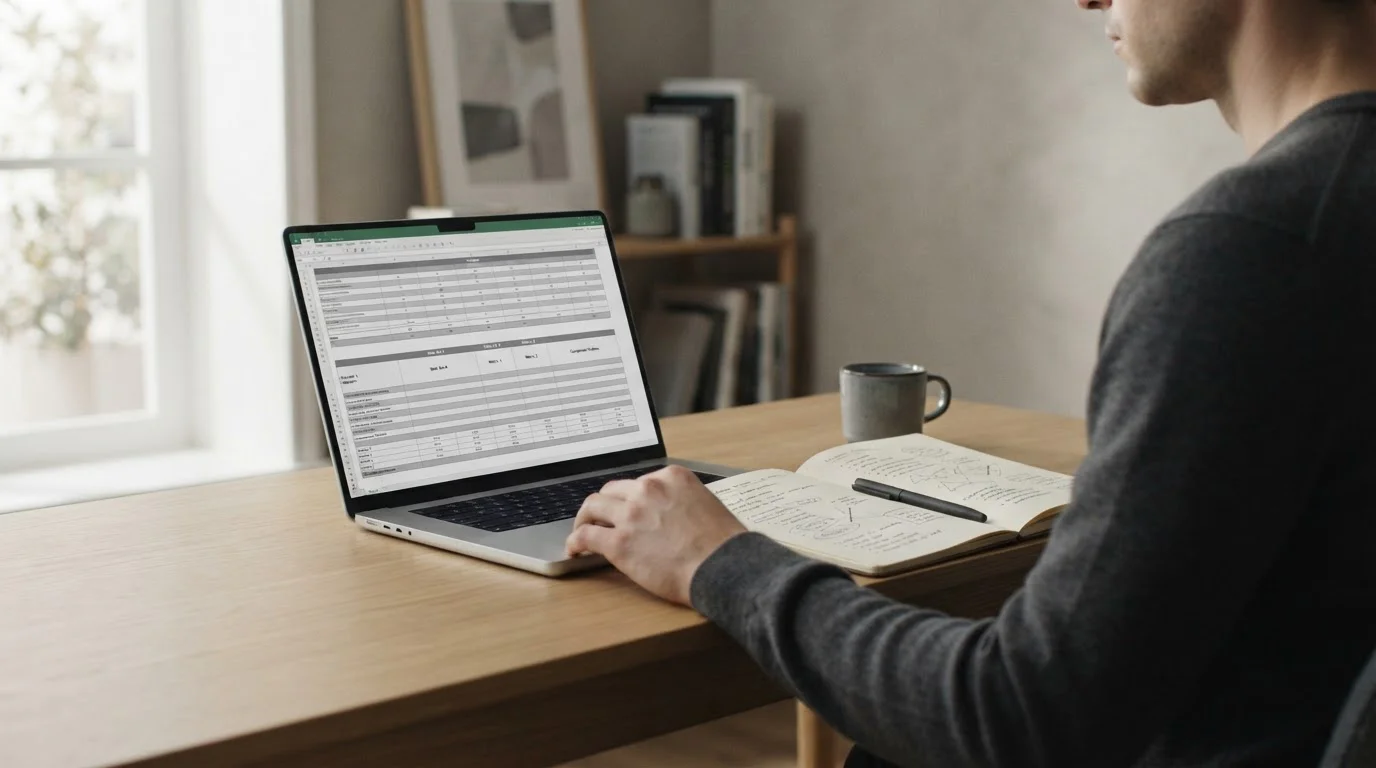 Arbeitsplatz mit geöffnetem Laptop, auf dem eine Vergleichstabelle verschiedener Zahlungsbedingungen zu sehen ist