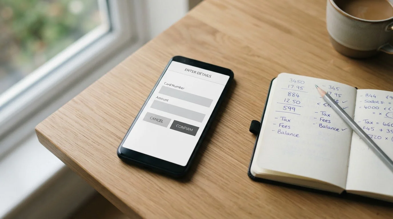 Smartphone mit Einzahlungsmaske und handschriftliche Notizen zu Gebühren und Limits
