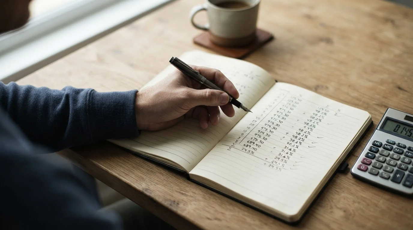 Hand mit Stift über Notizbuch mit Zahlenreihen neben Taschenrechner