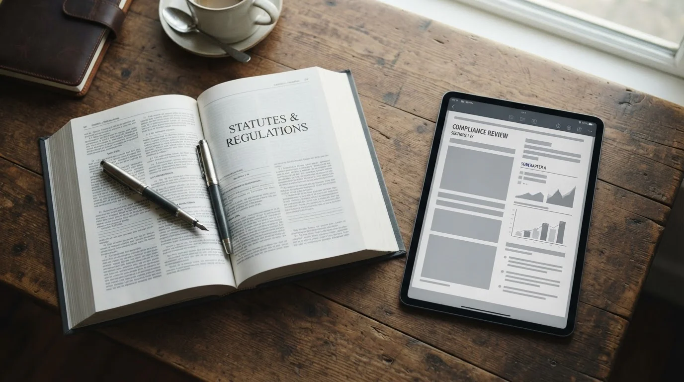 Aufgeschlagenes Gesetzbuch neben einem Tablet mit Lizenzinformationen